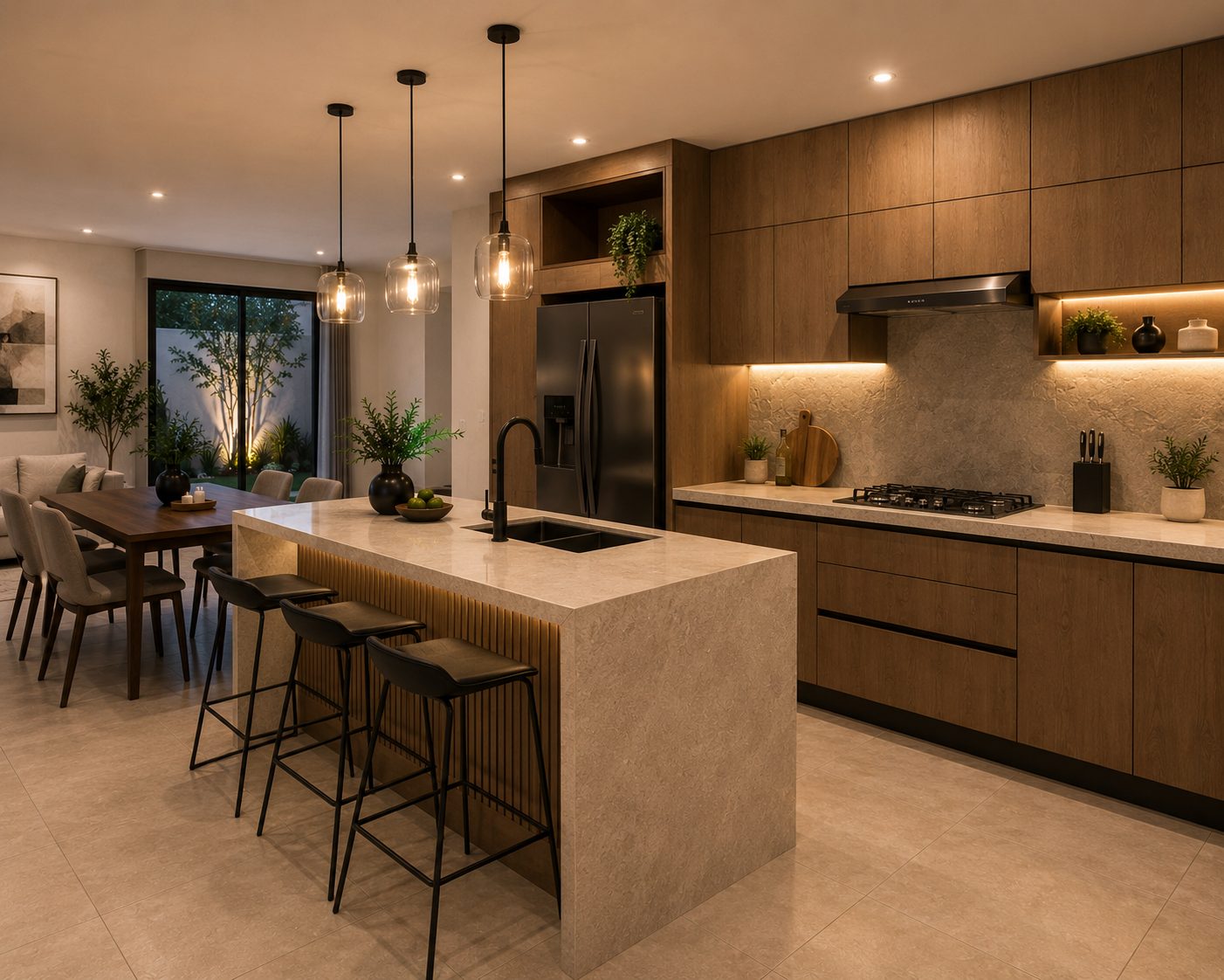 Render de cocina con isla del Modelo Caliza