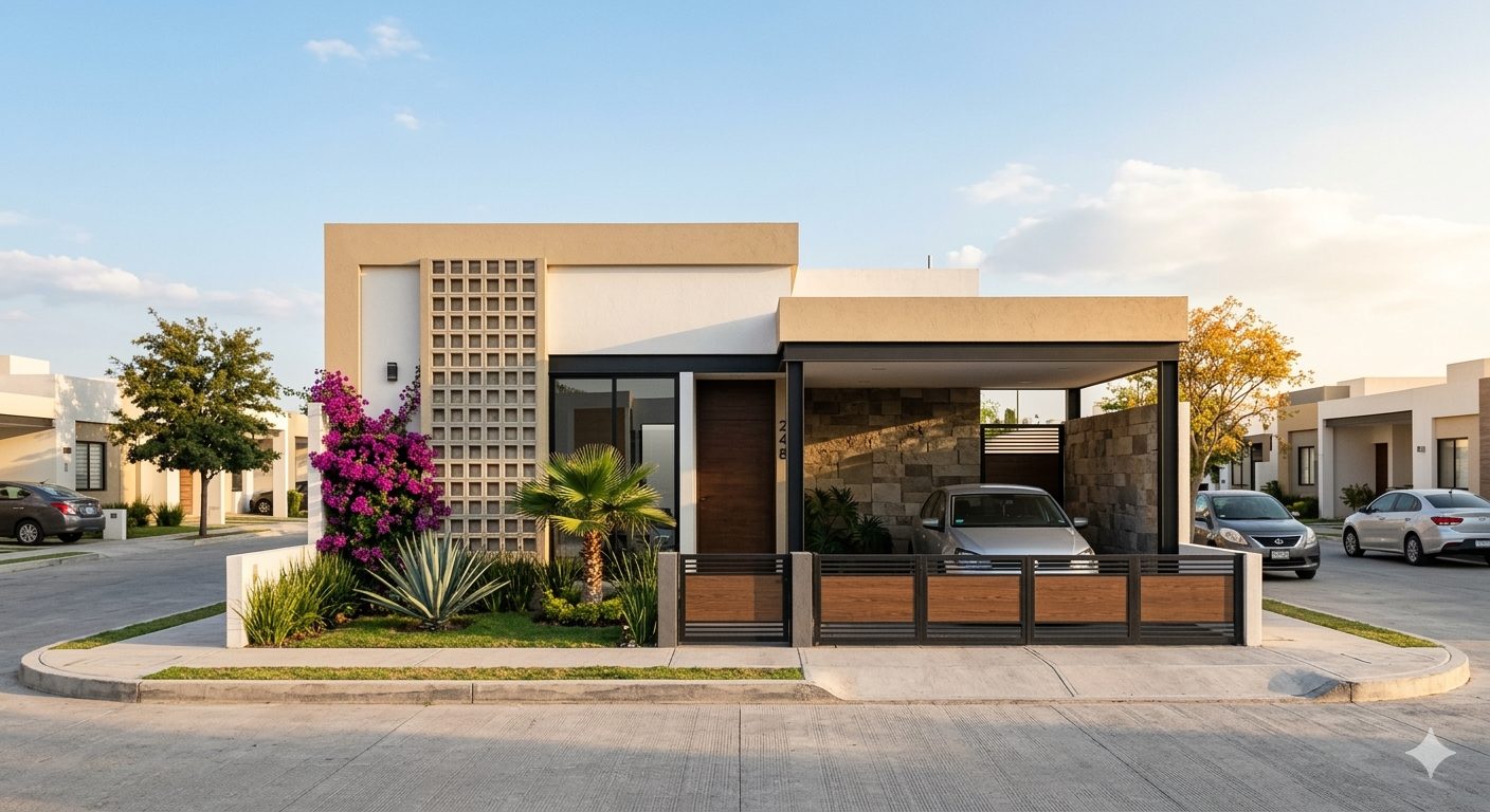 Render de fachada del Modelo Caliza con celosía y bugambilia