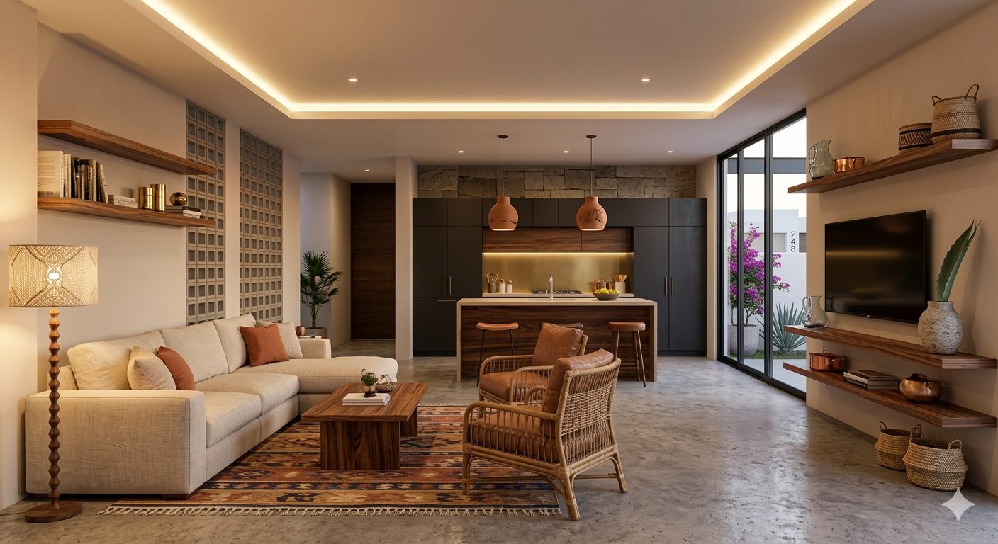 Render interior de sala y cocina del Modelo Caliza