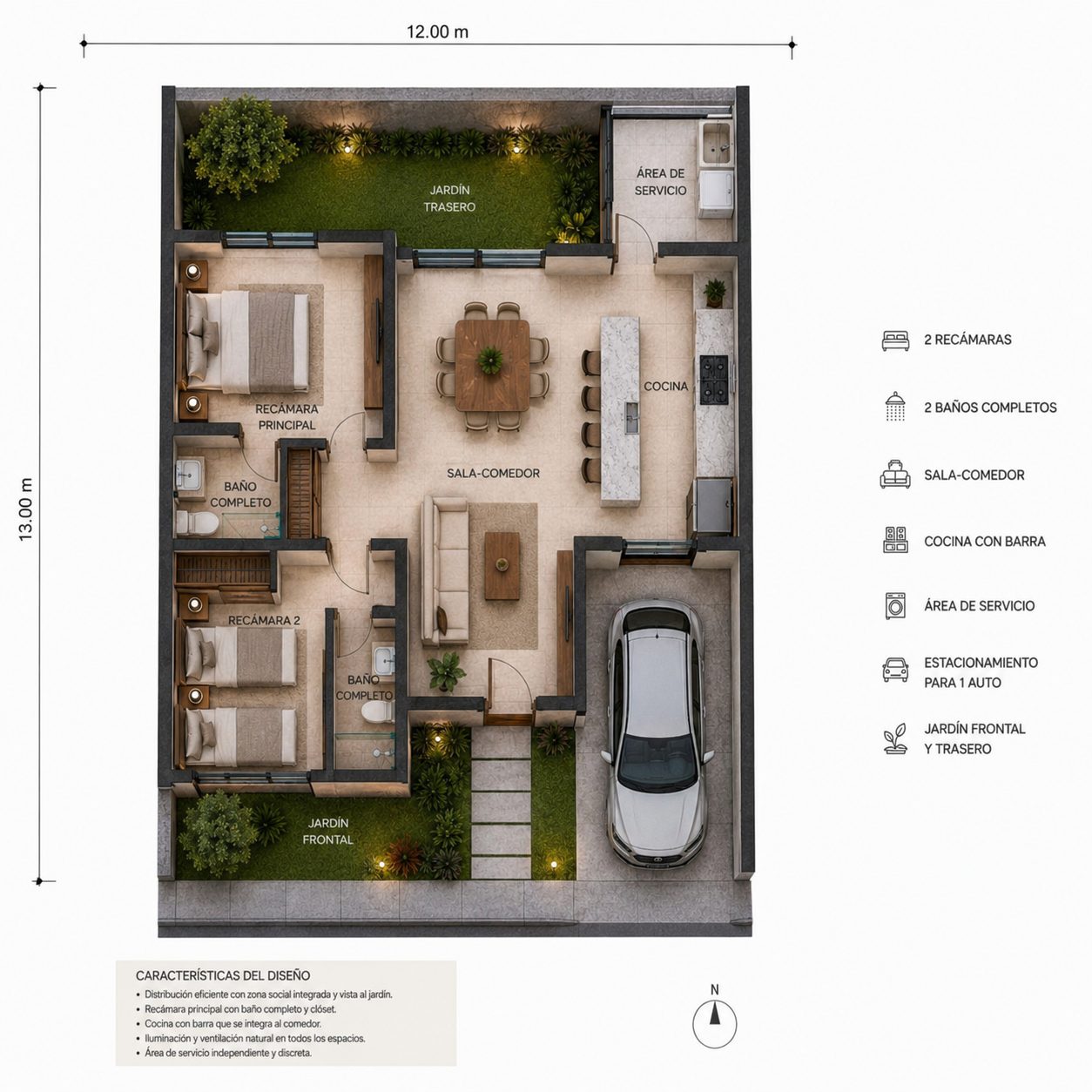 Planta arquitectónica Modelo Caliza con cocina con barra, 2 recámaras y 2 baños completos