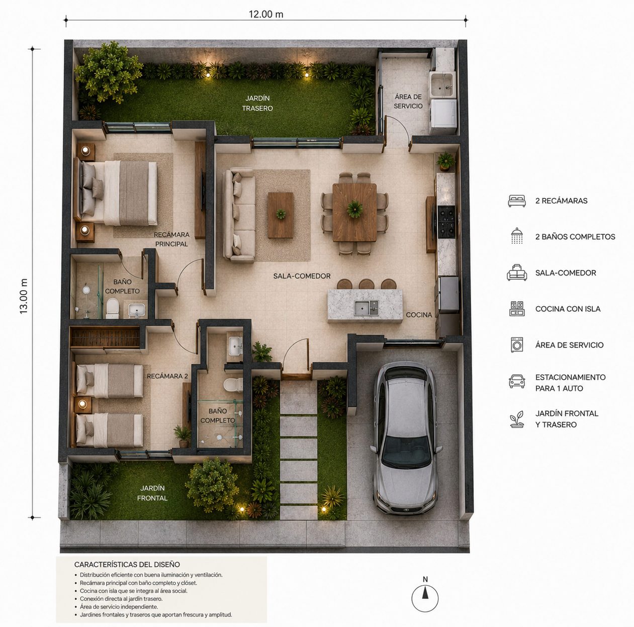 Planta arquitectónica Modelo Caliza con cocina con isla, 2 recámaras y 2 baños completos
