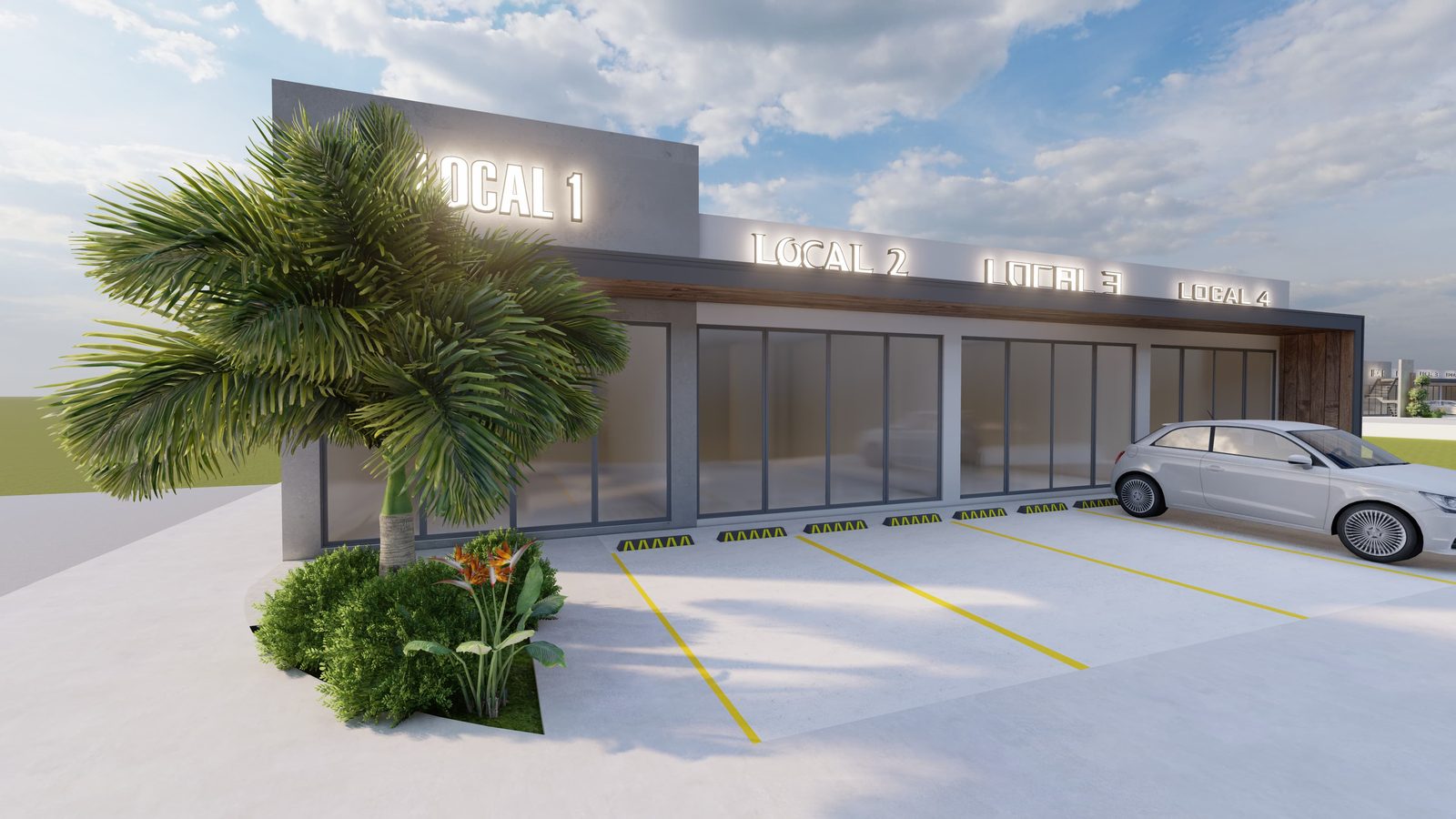Render de plaza comercial de 4 locales con estacionamiento frontal