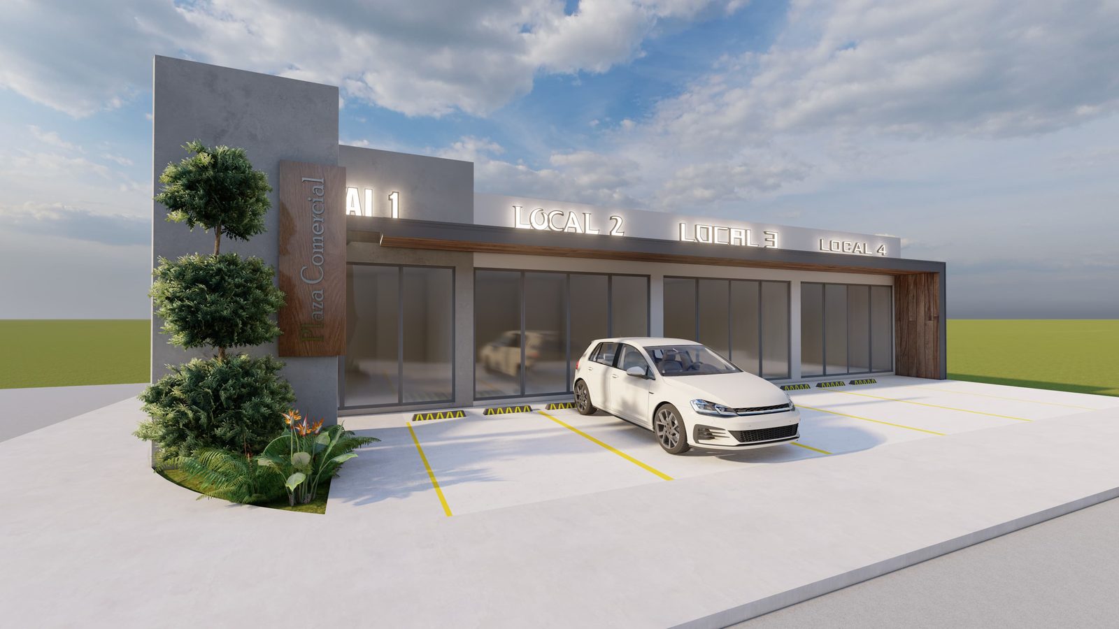 Render de plaza comercial con tótem de acceso y locales iluminados